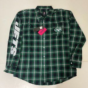 New York Jets FOCO Mens Flannel Plaid Long Sleeve Button Up Shirt Pocket